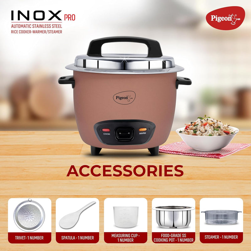 Pigeon Inox Pro Rice Cooker with Steamer, 1.8 litres | Stainless Steel Lid | 700 Watts | 1 Steel Cooking Pot | Measuring Cup | Spatula | Energy Efficient Cooking (Pink)