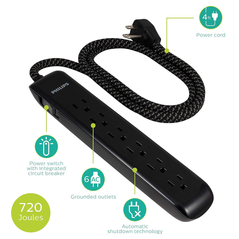 Philips SPC3064BD/37 6-Outlet Power Strip, Designer Braided Power Cord, Flat Plug Extension Cord