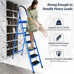 Plantex Premium Steel - 7 Step Ladder/Wide Anti Skid Steps/Heavy Duty Multipurpose Foldable 7 Step Ladder(Blue & Black)