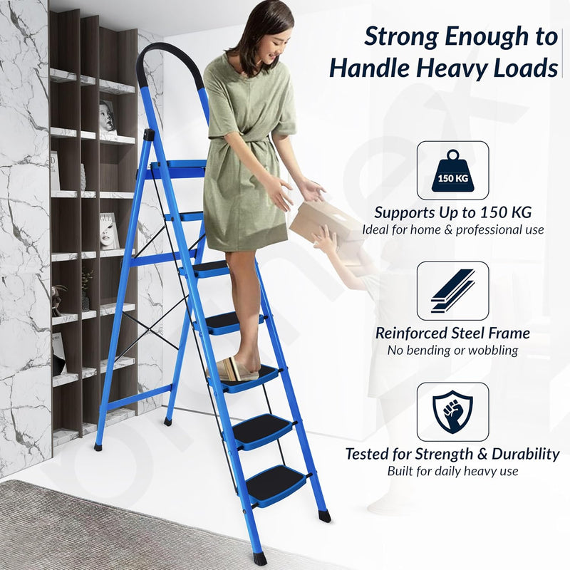 Plantex Premium Steel - 7 Step Ladder/Wide Anti Skid Steps/Heavy Duty Multipurpose Foldable 7 Step Ladder(Blue & Black)
