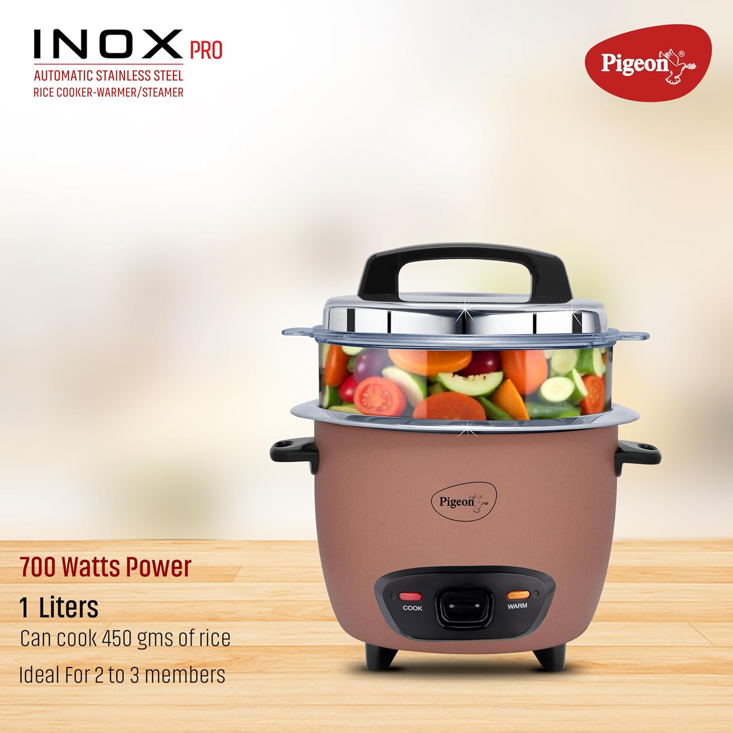 Pigeon Inox Pro Rice Cooker with Steamer, 1 litres | Stainless Steel Lid | 400 Watts | 1 Steel Cooking Pot | Measuring Cup | Spatula | Energy Efficient Cooking (Pink)