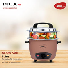 Pigeon Inox Pro Rice Cooker with Steamer, 1 litres | Stainless Steel Lid | 400 Watts | 1 Steel Cooking Pot | Measuring Cup | Spatula | Energy Efficient Cooking (Pink)