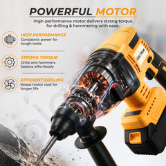 Plantex Cordless Rotary Hammer Drill 21V/Brushless Motor/600W/26mm Chuck/4500 BPM/Heavy Duty Hammer Drill with 2 Batteries, Charger & Carrying Case Yellow (APS-H003)-2
