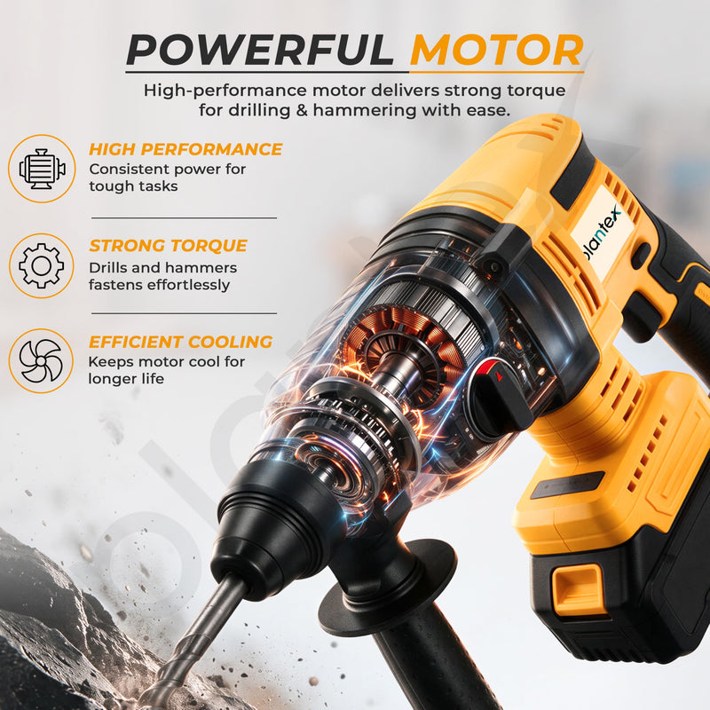 Plantex Cordless Rotary Hammer Drill 21V/Brushless Motor/600W/26mm Chuck/4500 BPM/Heavy Duty Hammer Drill with 2 Batteries, Charger & Carrying Case Yellow (APS-H003)-2