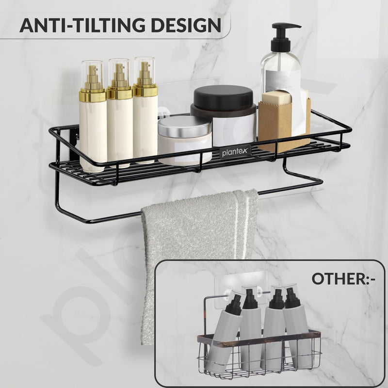 Plantex Bathroom Organizer Without Drill/GI Steel Multipurpose Bathroom Shelf/Wall Mounted Storage Rack/Towel Holder/Self Adhesive Bathroom Shelf- Wall Mount (Black)-5