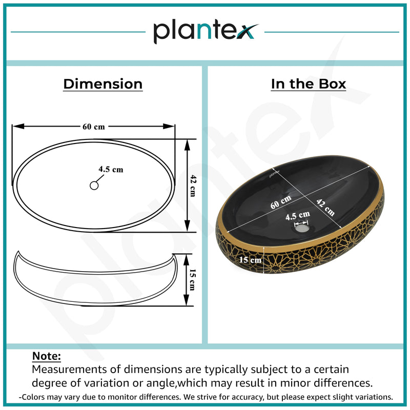 Plantex Ceramic Tabletop Washbasin for Bathroom/Designer Hand Wash Basin/Oval Vessel Sink Basin for Home/Hotel (23.5x16.5x6 Inch - Black & Gold)-3