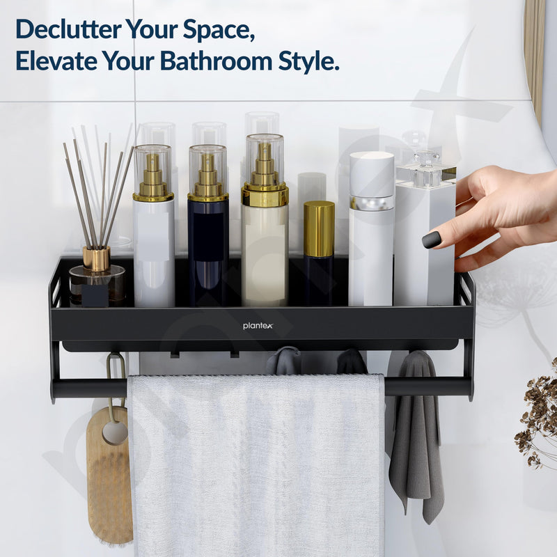 Plantex Aluminium Self Adhesive Bathroom Shelf with Towel Rod and Movable Hooks/Rack Shelf for Bathroom/Kitchen Shelf Organizer (Black)-6