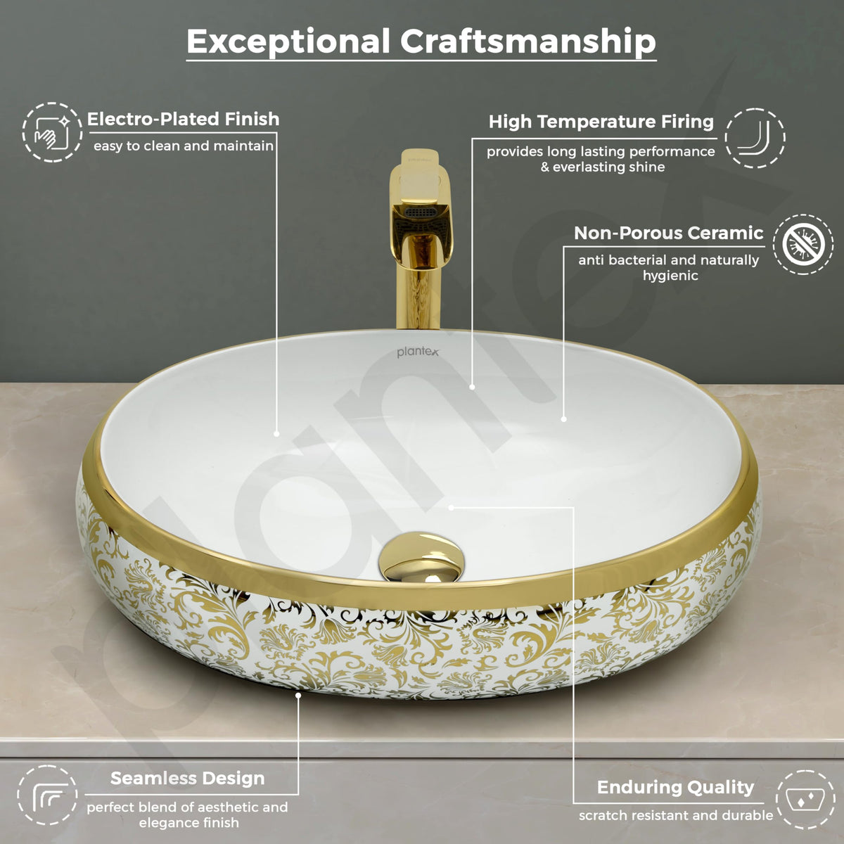 Plantex Wash Basin For Bathroom/Tabletop Designer Ceramic Basin/Countertop Vessel Sink Basin - Indo-European Collection (24 x 16 x 7 Inch)-4
