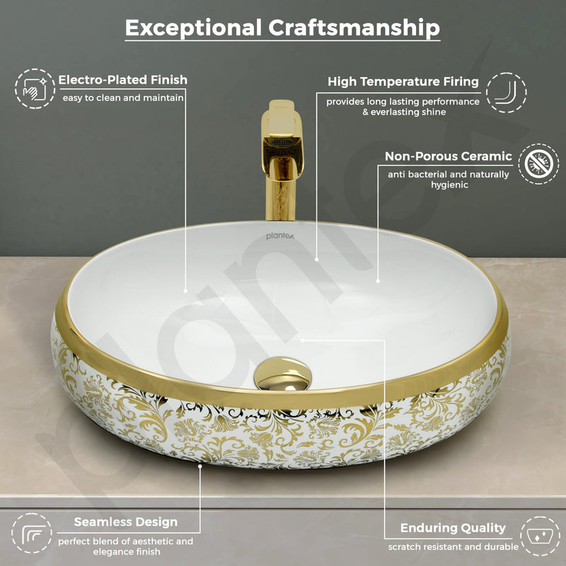 Plantex Wash Basin For Bathroom/Tabletop Designer Ceramic Basin/Countertop Vessel Sink Basin - Indo-European Collection (24 x 16 x 7 Inch)-4