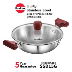 Hawkins 1.5 Litre Deep Fry Pan, Triply Stainless Steel Kadai with Glass Lid, Flat Bottom Induction Kadhai, Small Kadai, Silver (SSD15G)