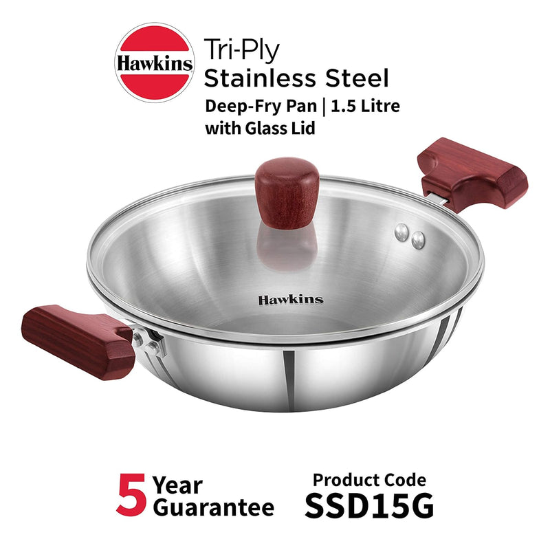 Hawkins 1.5 Litre Deep Fry Pan, Triply Stainless Steel Kadai with Glass Lid, Flat Bottom Induction Kadhai, Small Kadai, Silver (SSD15G)