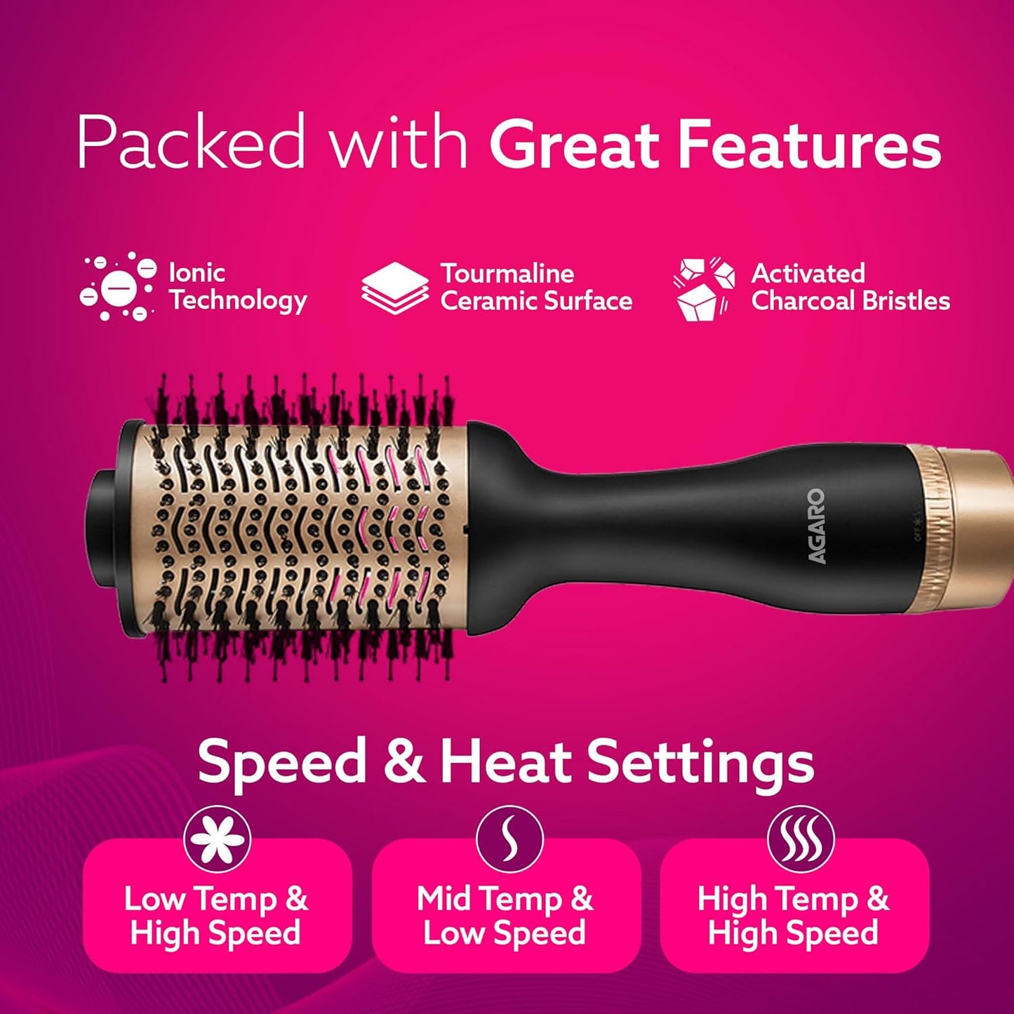 AGARO HV2179 Hot Air Brush for Hair, Blow Dryer Brush, Volumizer & Styler, 360° Airflow Vent, Oval Barrel for Hair Volume, Charcoal Bristles, Ceramic Coating Brushing Head, 1200W, Gold & Black