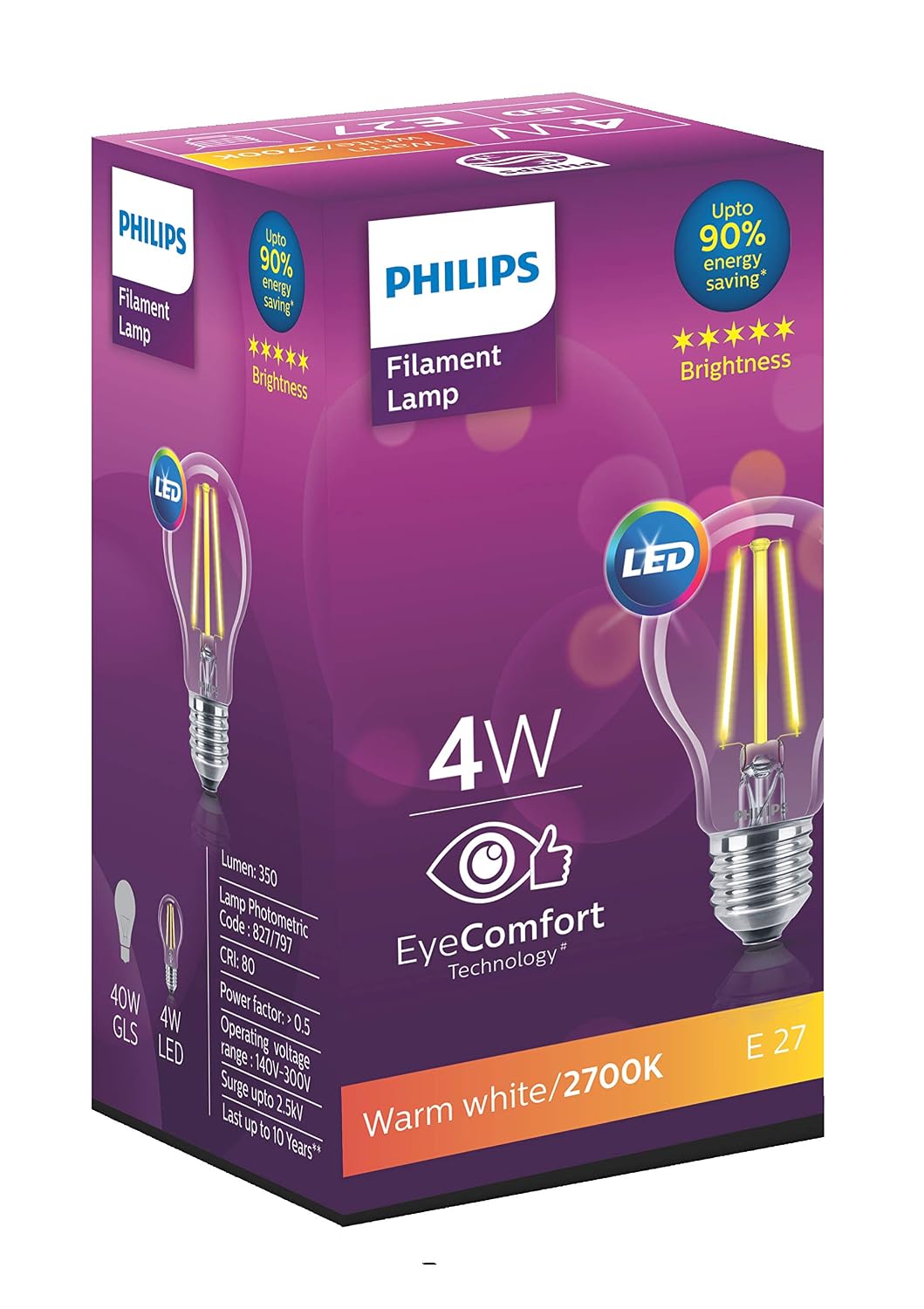 Philips 4-watt E27 A60 LED Glass Filament Bulb