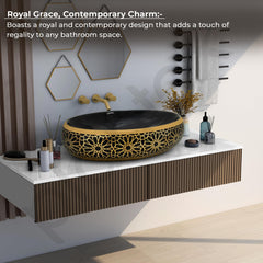 Plantex Ceramic Tabletop Washbasin for Bathroom/Designer Hand Wash Basin/Oval Vessel Sink Basin for Home/Hotel (23.5x16.5x6 Inch - Black & Gold)-2