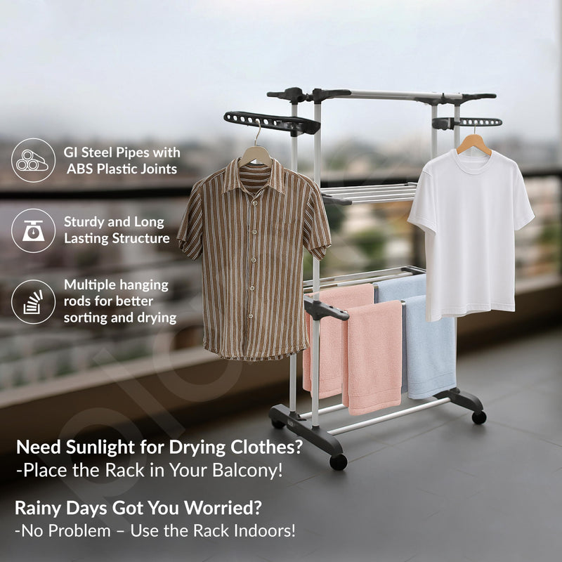 Plantex 3 Layer GI Steel Cloth Stand for Drying Clothes Foldable/Clothes Drying Rack for Balcony/Clothes Drying Stand - Clofera (White & Gray)-6