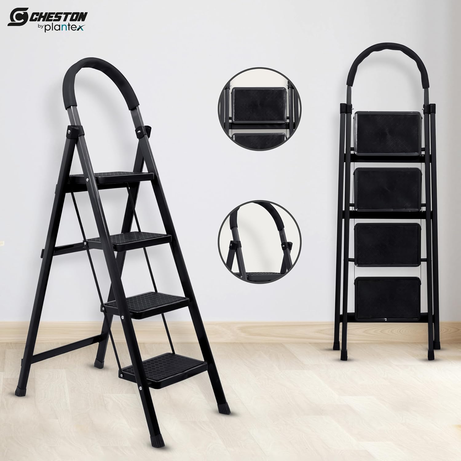 Plantex Cheston Premium GI Steel Foldable 4 Step Ladder for Home/Wide Anti Slip Steps (Black)