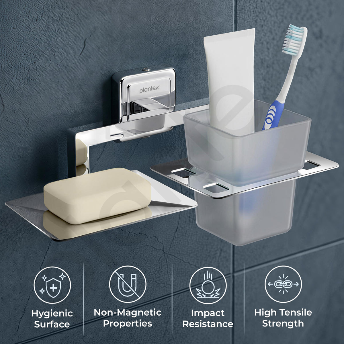 Plantex SS - 304 Grade Decan 2 in1 Soap Dish with Tumbler Holder/Soap Stand/Tooth Brush Holder/Bathroom Accessories - Decan (Chrome)-5