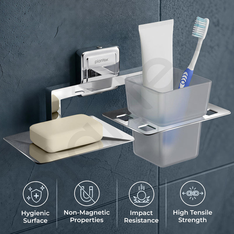 Plantex SS - 304 Grade Decan 2 in1 Soap Dish with Tumbler Holder/Soap Stand/Tooth Brush Holder/Bathroom Accessories - Decan (Chrome)-5