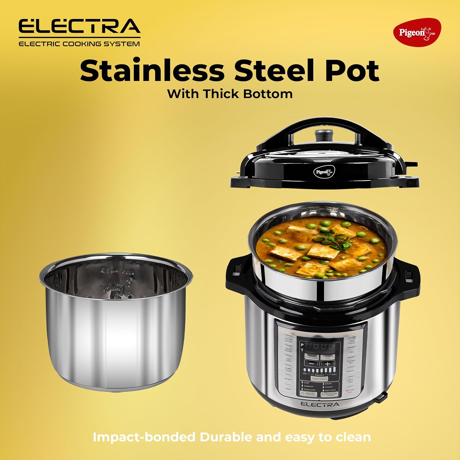 Pigeon By Stovekraft Electra Smart 6 Litre Electric Pressure Cooker with Digital Display | 18 Indian Preset Menu | Automatic Rice Cooker | Delay Timer & More (Stainless Steel)