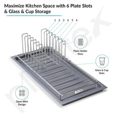 Plantex Stainless Steel Dish Drying Rack for Kitchen with Drain Tray/Plate & Thali Stand/Utensil, Bowl & Glass Holder/Countertop Dish Drainer Organizer Pack of 1 (Chrome & Grey)-3