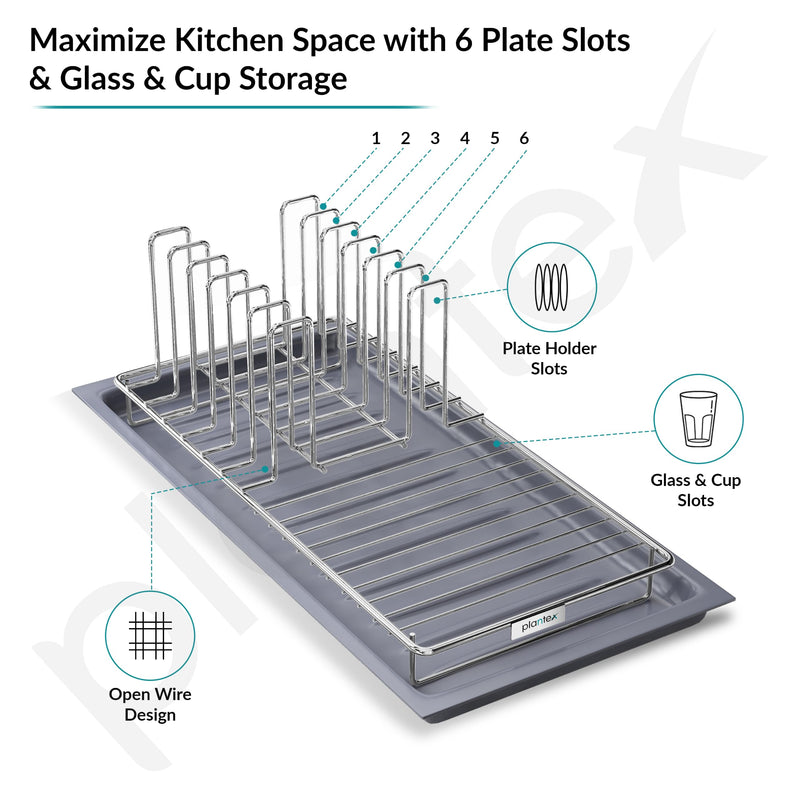 Plantex Stainless Steel Dish Drying Rack for Kitchen with Drain Tray/Plate & Thali Stand/Utensil, Bowl & Glass Holder/Countertop Dish Drainer Organizer Pack of 1 (Chrome & Grey)-3