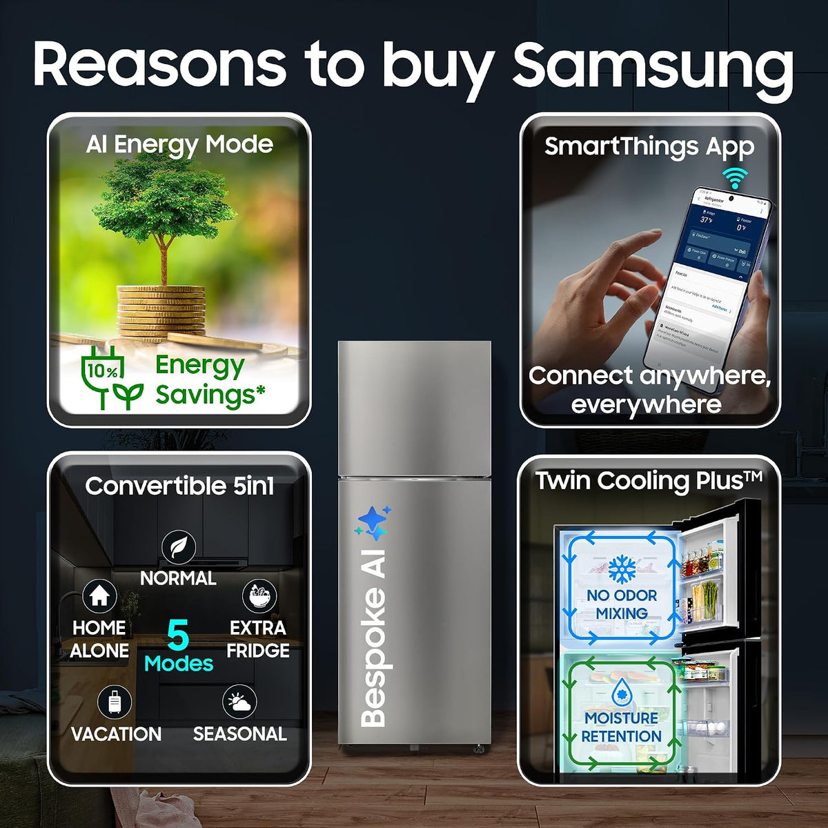 Samsung 350 L, 2 Star, Convertible 5-in-1, Digital Inverter, Frost Free Double Door, WiFi Bespoke AI Refrigerator (RT38HG5A42SLHL, Silver, Ez Clean)-4