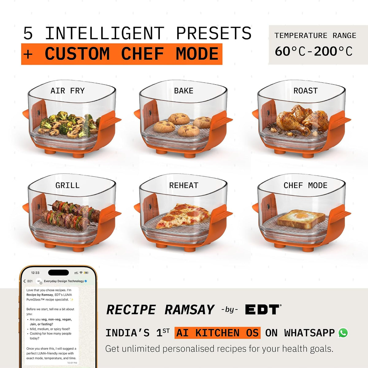 EDT Luma ZERO COATING PureGlass™ Air Fryer Oven | 4.5L + 2.5L Dual Bowl | NutriRetain™ | 6-in-1 Multi Function | 100% Toxin Free No Ceramic, PFAS, PTFE, PFOA | 1500W (Orange 4.5L + 2.5L)