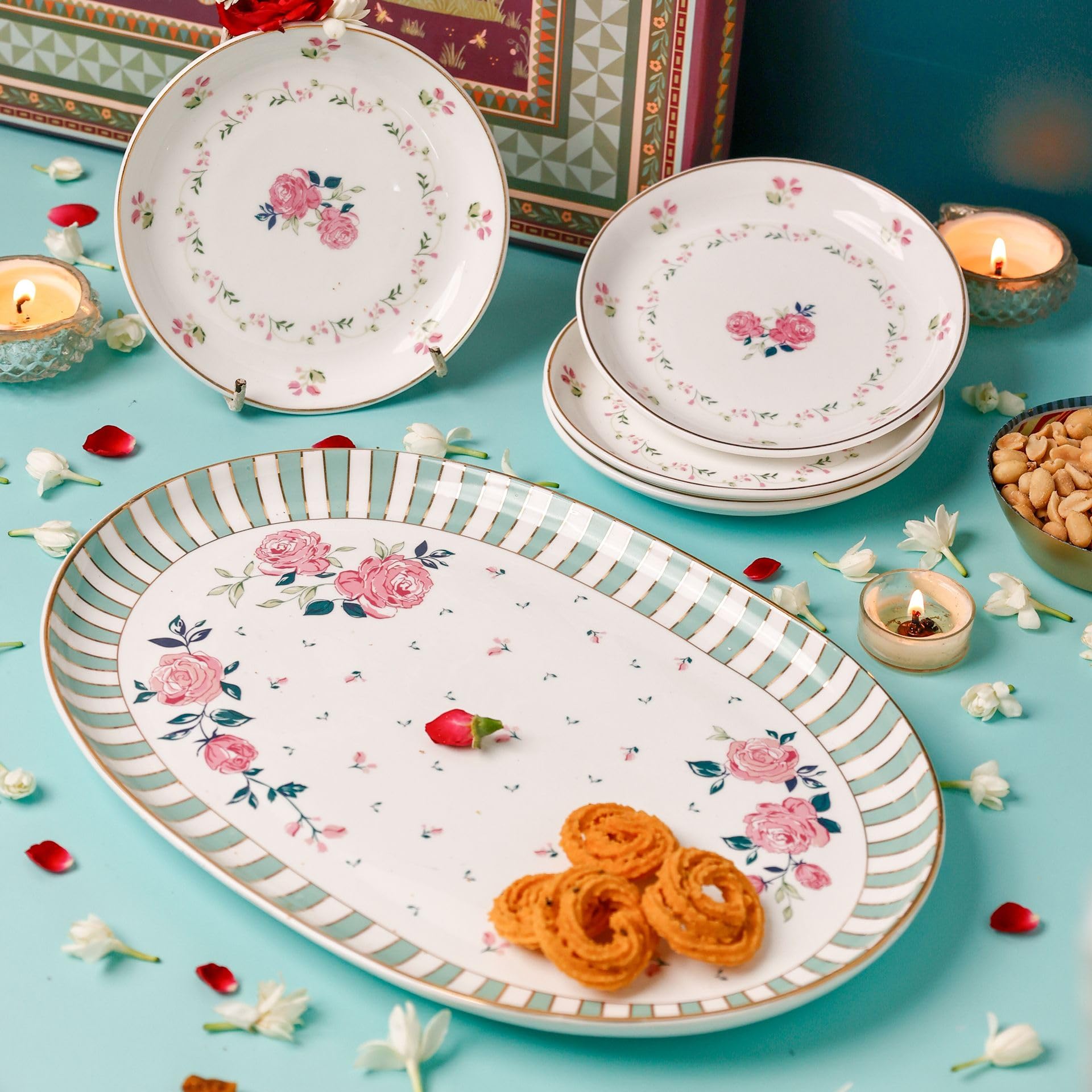 Magique by The Wishing Chair x ClayCraft : Portrait of a Rose - Glow Giftbox | Set of 2 Bowls & Platter | Dishwasher Safe | Festive Gifting | GiftBox Packaging
