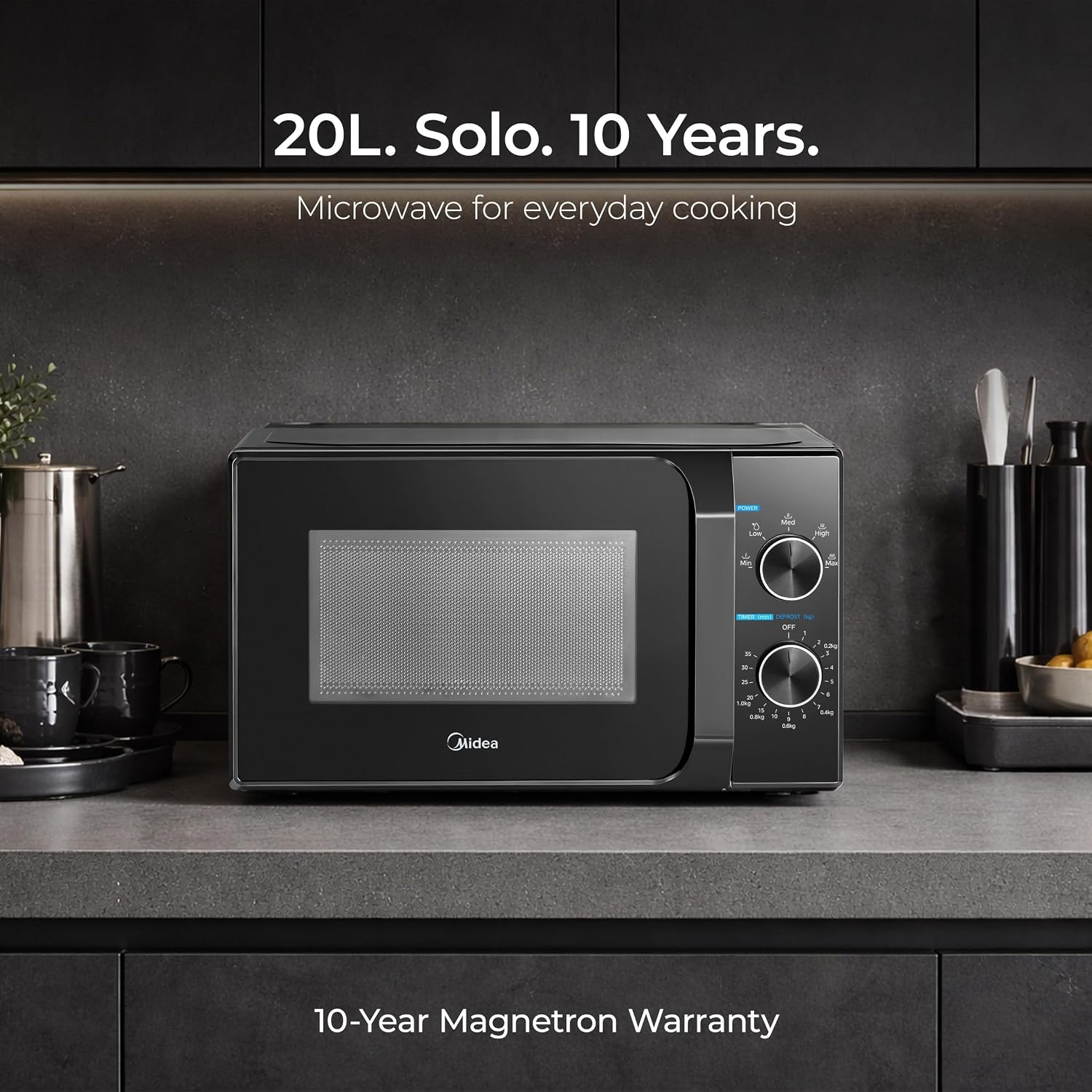 Midea 20L Solo Microwave Oven | 5 Power Levels + Defrost | 10-Year Magnetron Warranty | Mechanical Knob Control | Easy-Clean Powder-Coated Cavity | Energy Efficient | Oven for Reheating & Cooking