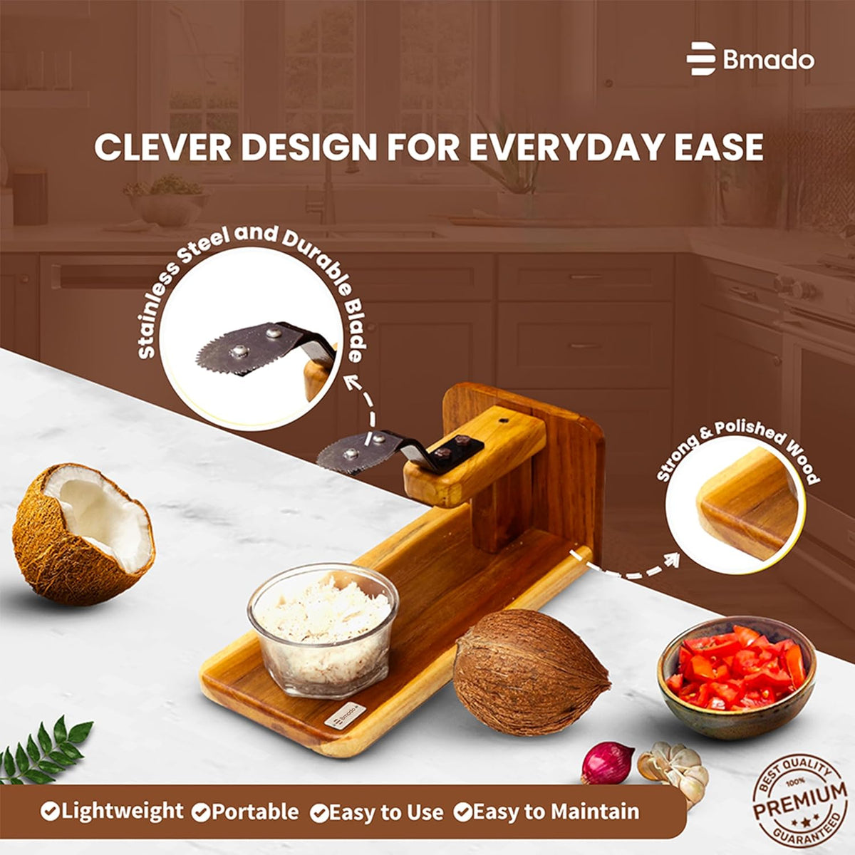 Bmado Traditional Polished Teak Table Top Coconut Scraper Chirava Grater Thengai Thuruvi with Stainless Steel Blade (Large, 1200g)