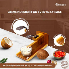 Bmado Traditional Polished Teak Table Top Coconut Scraper Chirava Grater Thengai Thuruvi with Stainless Steel Blade (Large, 1200g)