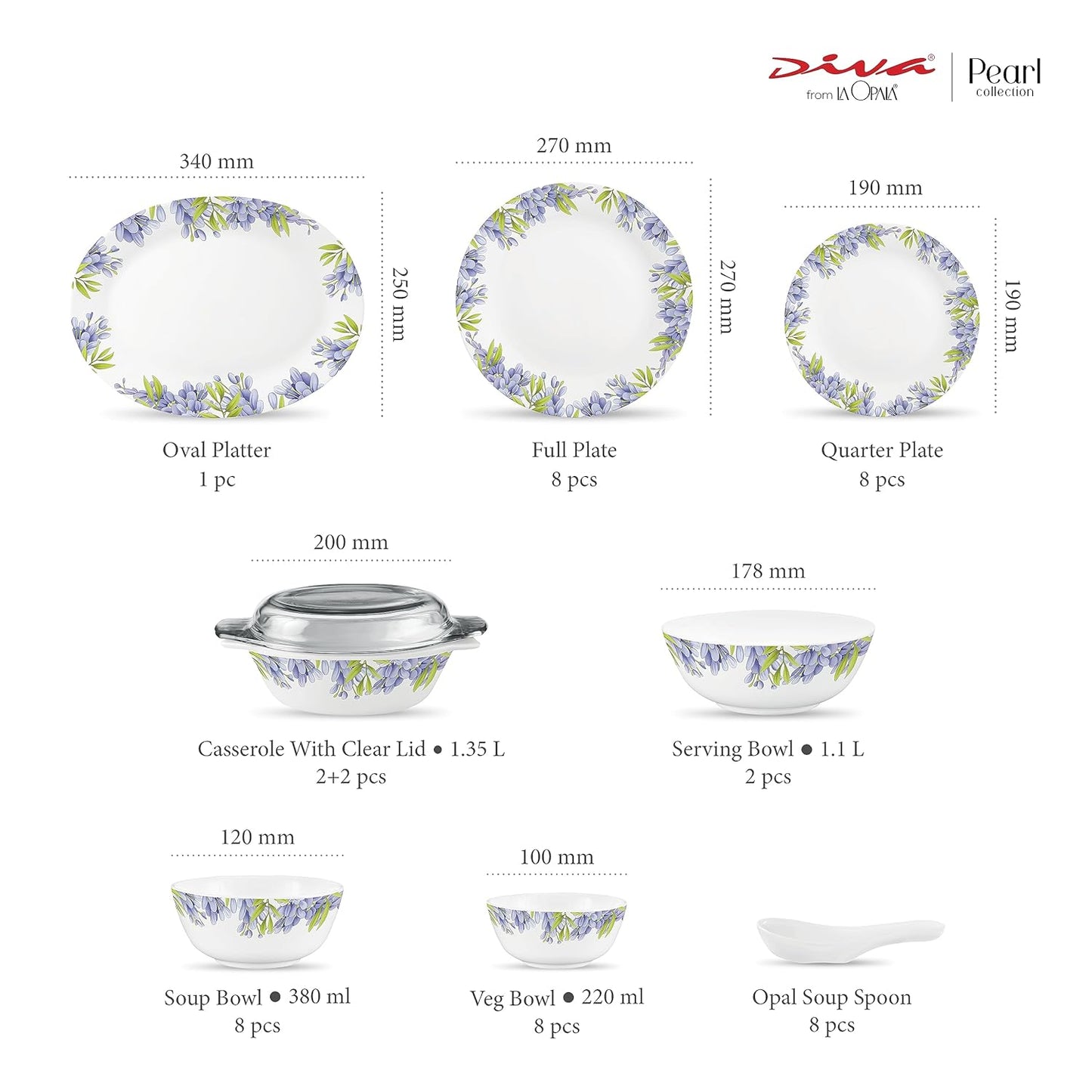Diva by La Opala, Pearl Collection, Opal Glass Dinner Set 47 pcs, Lively Hues, White