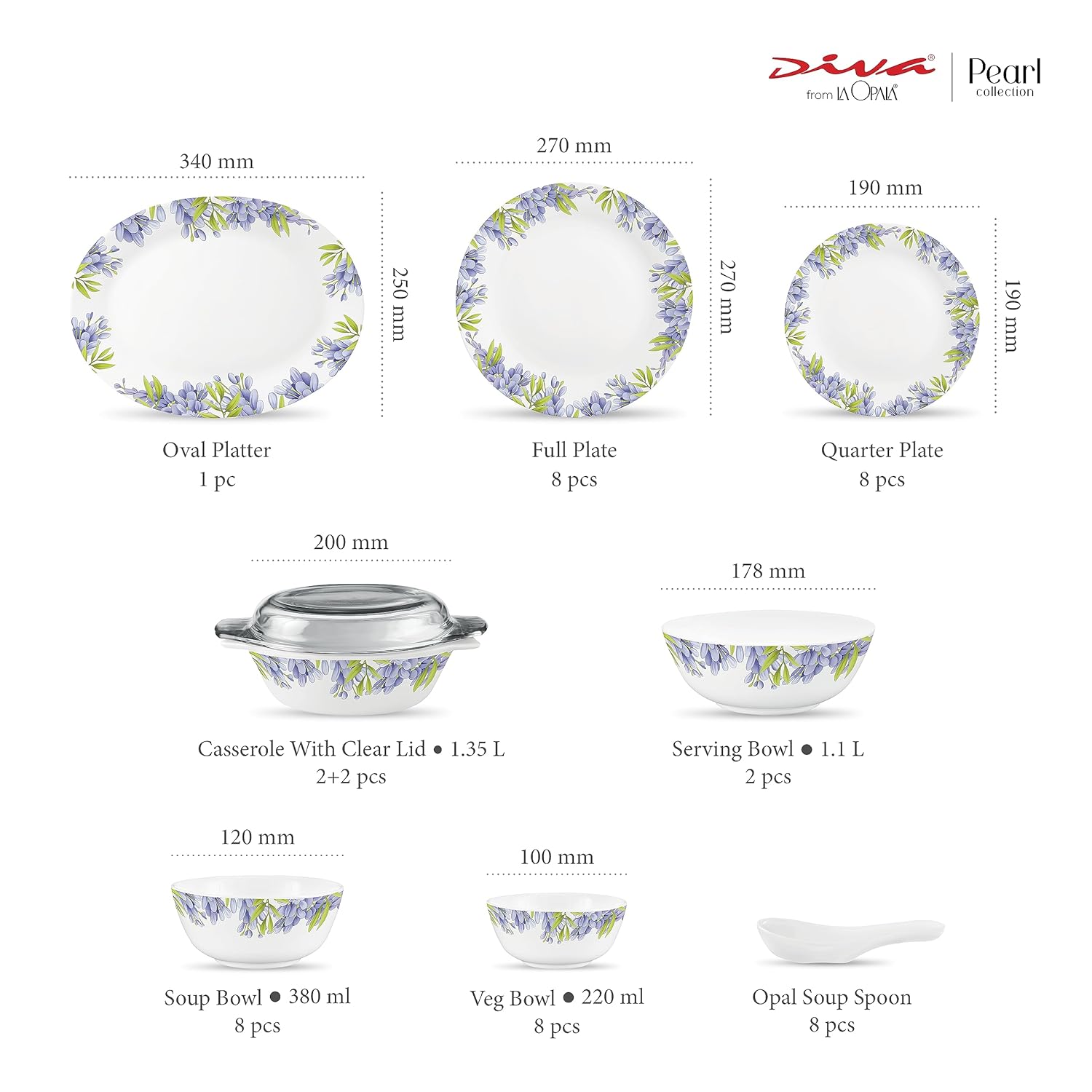Diva by La Opala, Pearl Collection, Opal Glass Dinner Set 47 pcs, Lively Hues, White