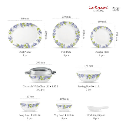 Diva by La Opala, Pearl Collection, Opal Glass Dinner Set 47 pcs, Lively Hues, White