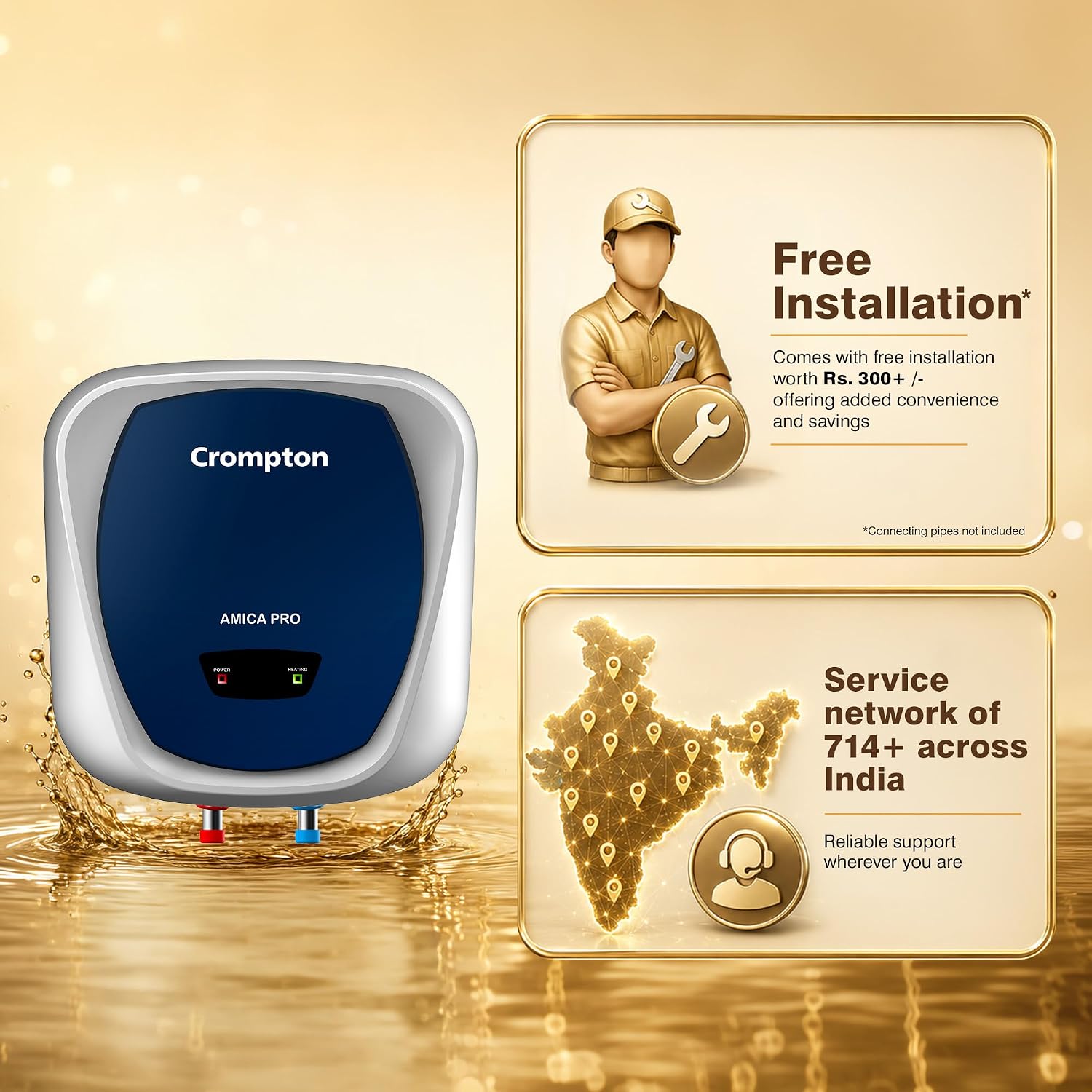 Crompton Amica Pro 25L 5‑Star Storage Water Heater (Geyser) | Glassline Tank for Hard Water | Free Installation | 8 Bar High‑Rise Pressure | 5‑Level Safety | Rust‑Proof Body | 2kW Fast Heating