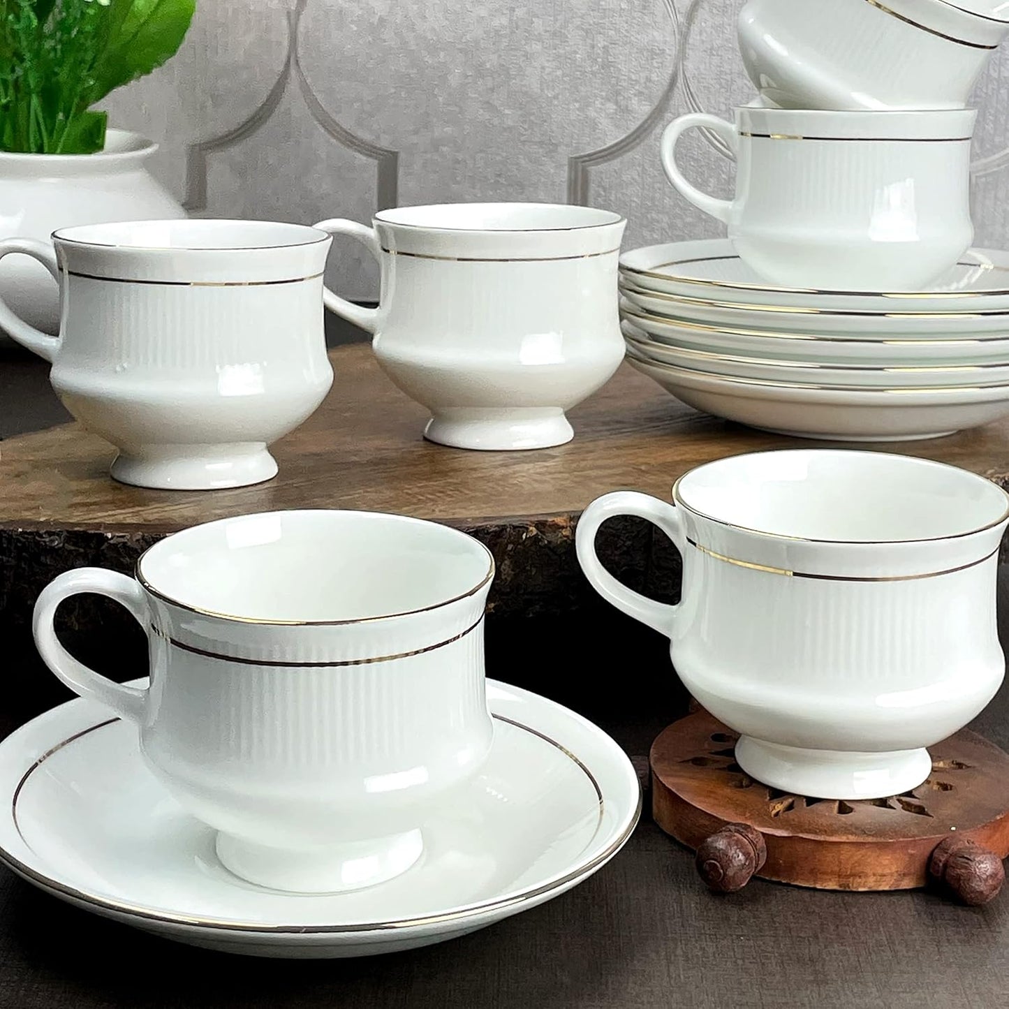 Clay Craft Mona Cup & Saucer GL 110 Series, 210ml, Set of 12 (6 Cups + 6 Saucers)