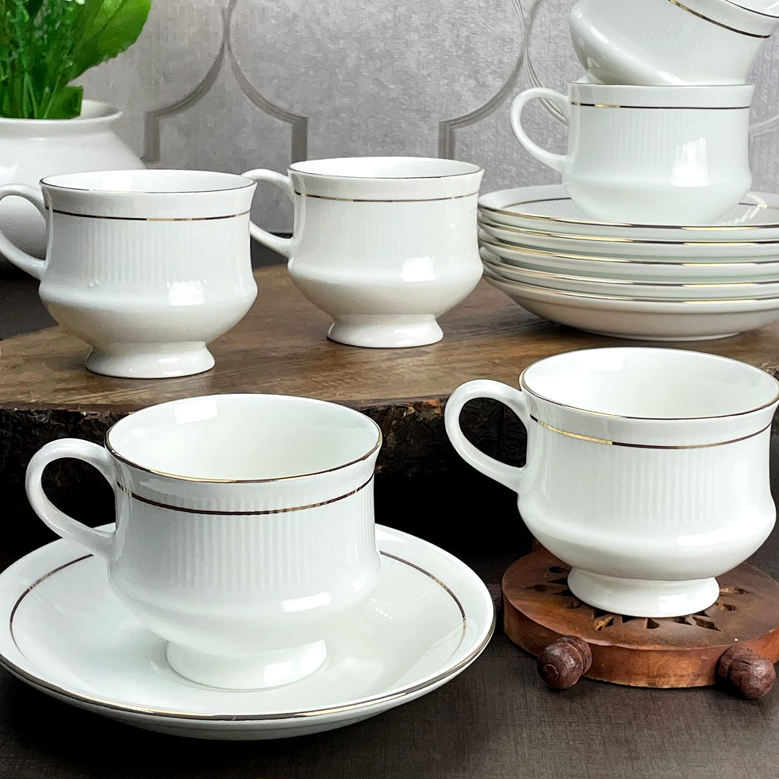 Clay Craft Fine Ceramic 22k Gold Line Cup & Saucer Set of 12 (6 Cups + 6 Saucers) - 180 ml Each (Cup Diamond)
