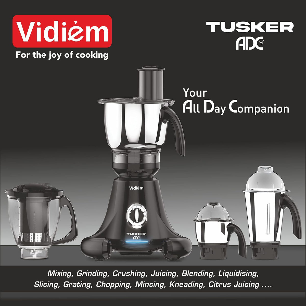 Vidiem Mixer Grinder 616 A Tusker ADC | Mixer grinder 750 watt with 3 jars & 1 Juicer Mixer Grinder, 1 Multi chef | 4 Le