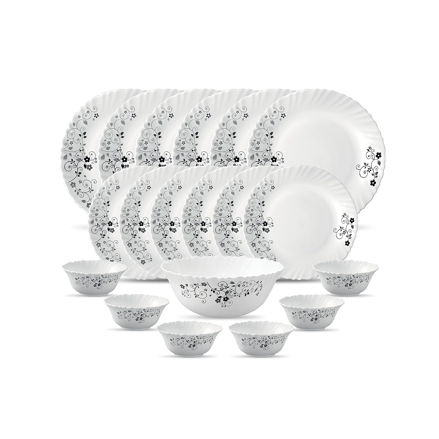 La Opala Diva Classique Collection Opal Glass Crockery | for Family of 6 | Dinner Set 19 pcs Mystrio Black | Plates & Bowls for Dining | Microwave Safe | 100% Vegetarian | Extra Strong | White