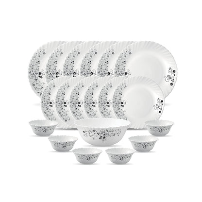 La Opala Diva Classique Collection Opal Glass Crockery | for Family of 6 | Dinner Set 19 pcs Mystrio Black | Plates & Bowls for Dining | Microwave Safe | 100% Vegetarian | Extra Strong | White