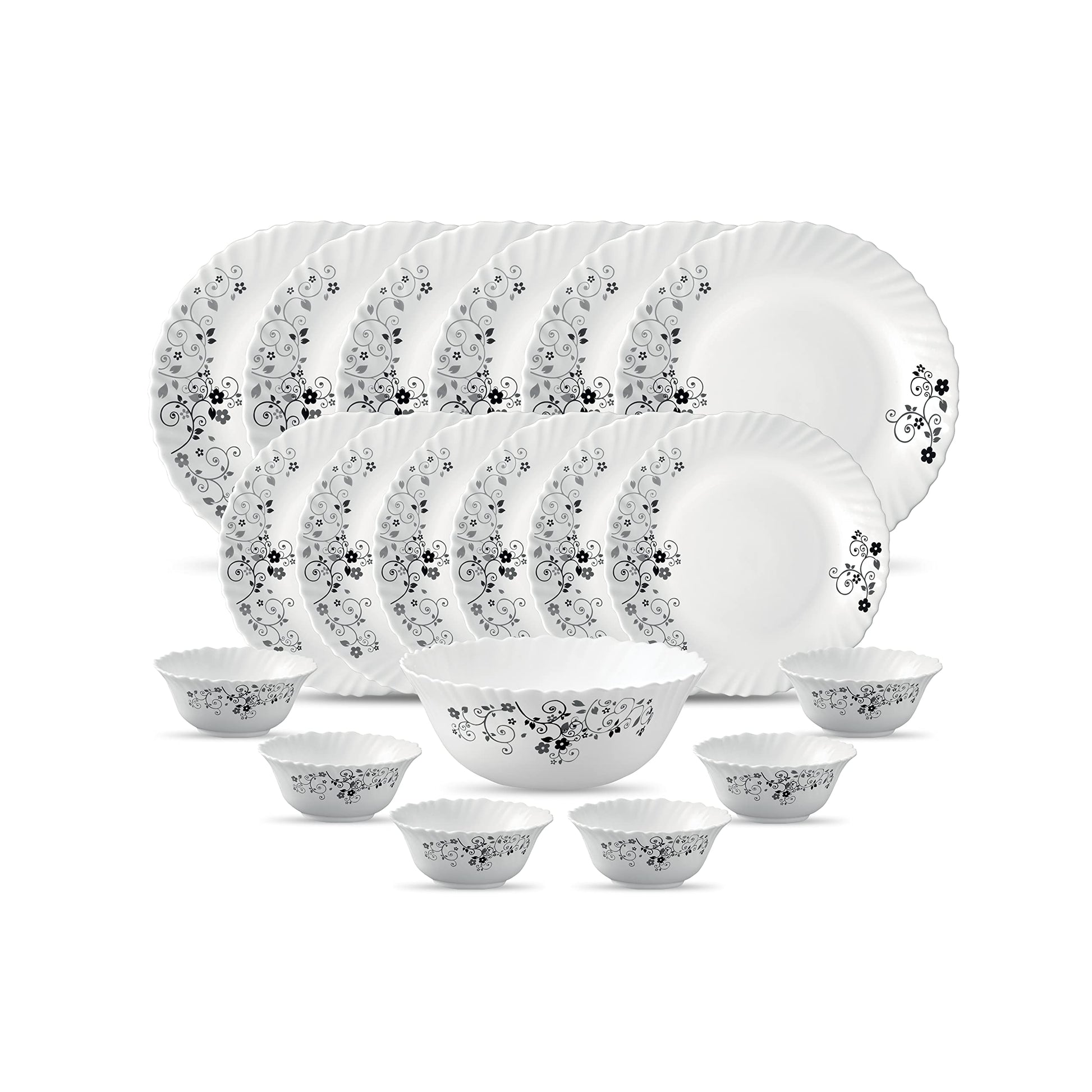 La Opala Diva Classique Collection Opal Glass Crockery | for Family of 6 | Dinner Set 19 pcs Fluted Green | Plates & Bowls for Dining | Microwave Safe | 100% Vegetarian | Extra Strong | White