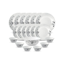 La Opala Diva Classique Collection Opal Glass Crockery | for Family of 6 | Dinner Set 19 pcs Fluted Green | Plates & Bowls for Dining | Microwave Safe | 100% Vegetarian | Extra Strong | White