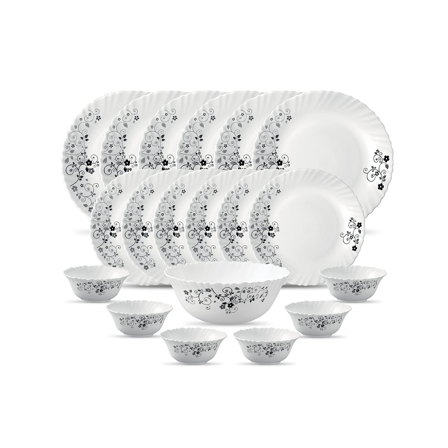 La Opala Diva Classique Collection Opal Glass Crockery | for Family of 6 | Dinner Set 19 pcs Citron Weave | Plates & Bowls for Dining | Microwave Safe | 100% Vegetarian | Extra Strong | White