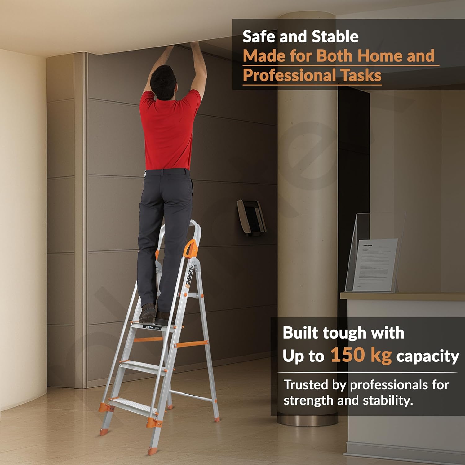 Plantex Secura 4 Step Ladder for Home/Aluminium Foldable Ladder with Safe Hand Rail (Orange-Chrome)