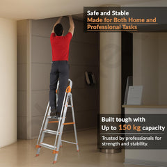 Plantex Secura 4 Step Ladder for Home/Aluminium Foldable Ladder with Safe Hand Rail (Orange-Chrome)