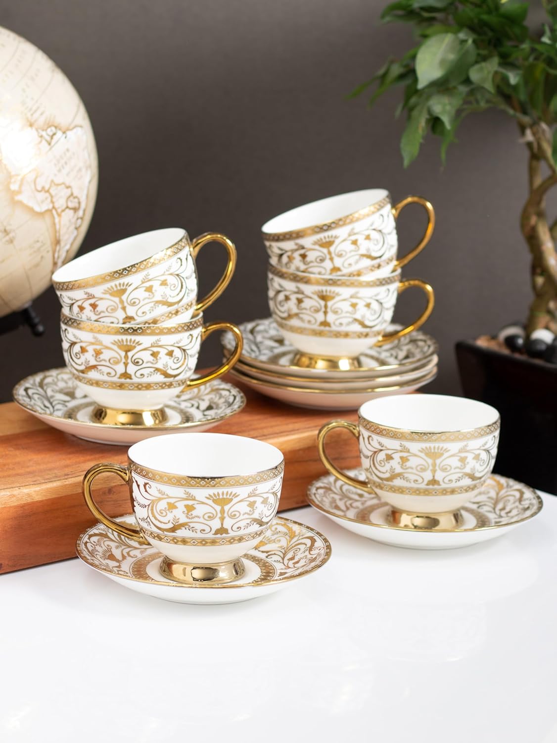 Clay Craft Fine Ceramic Julian Gold Printed Cup & Saucer Set of 12 (6 Cups + 6 Saucers) - 180 ml Each