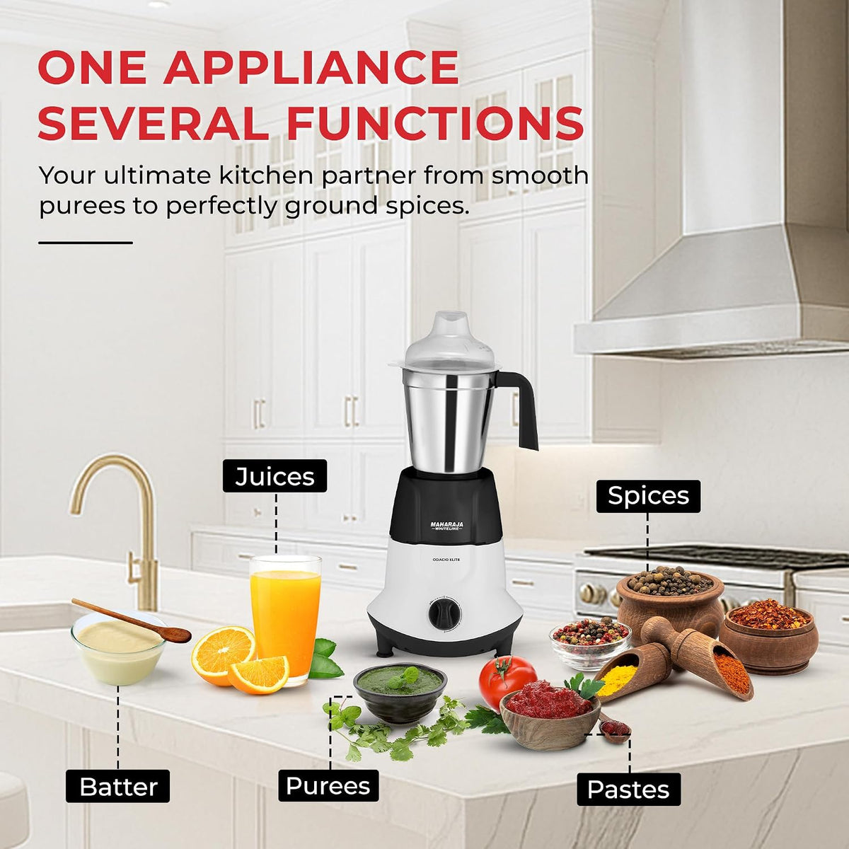 Maharaja Whiteline Odacio Elite Mixer Grinder With 4 Jars | 750 Watt | 20,000 RMP Motor | Stainless Steel Blade | 2 Years Warranty | Black & White
