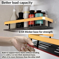 Plantex Self Adhesive Bathroom Shelf/Bathroom Shelf for Wall Adhesive/Aluminium Wall Mounted Rack for Kitchen with Golden Railing and Magic Stickers-(12x5 inches, Gold & Black)-2