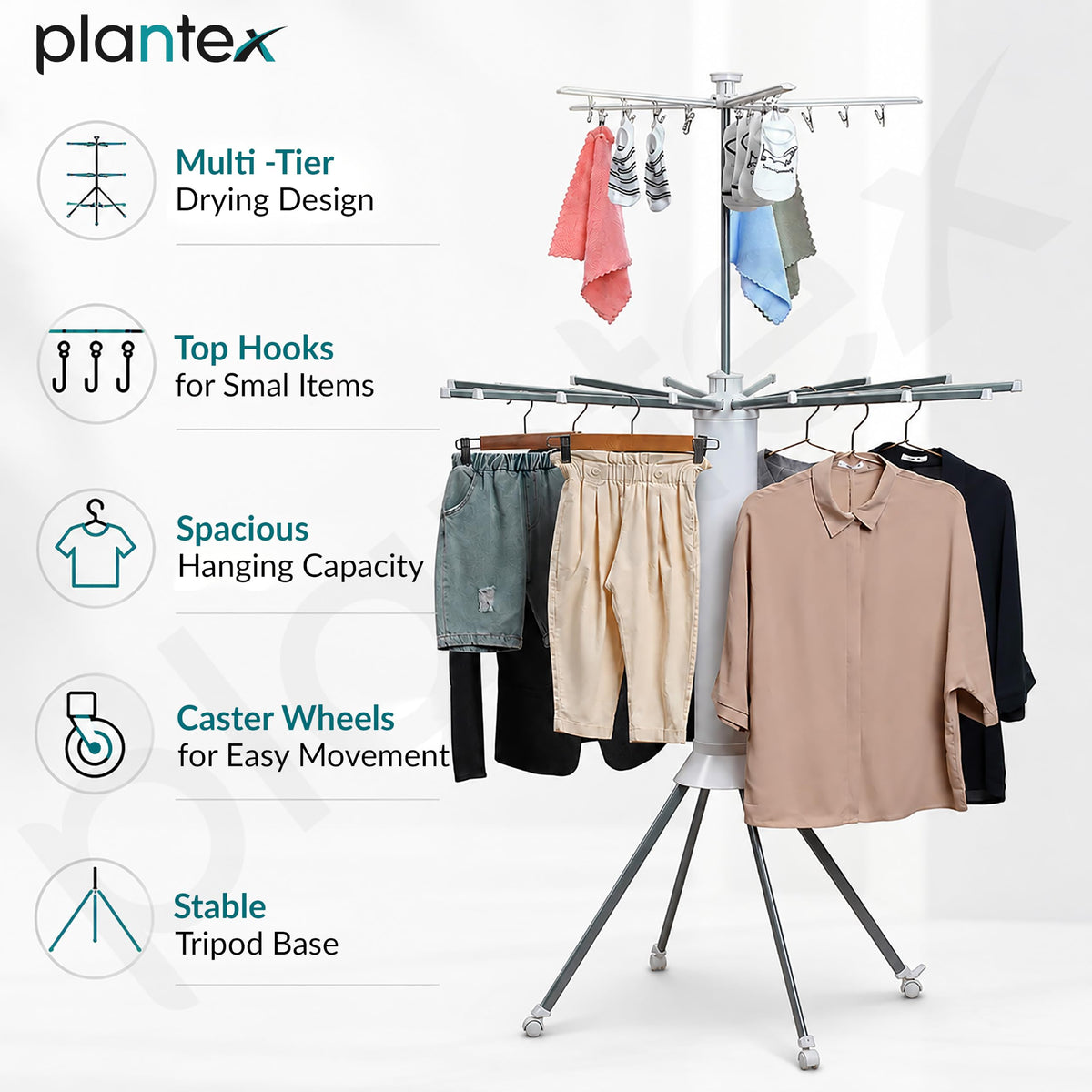 Plantex Cloth Stand for Home/Foldable Rotating Cloth Drying Rack/360‚° Cloth Stand with Lockable Wheel/Indoor & Outdoor Cloth Hanger - Pack of 1 (White)-2