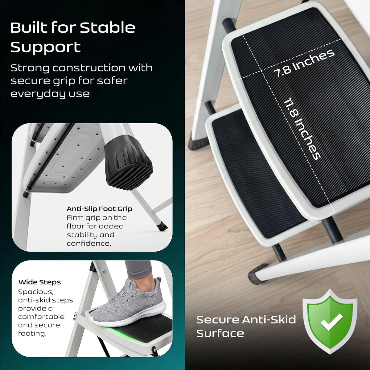 HOUZA Steel Ladder for Home 6 Steps Foldable with Anti-Skid Wide Steps (30cm x 20cm) | 6 Step Ladder for Home Use with D-Shape Rods | Secure Lock | 150 Kg Capacity Folding Ladder | 5 Year Warranty